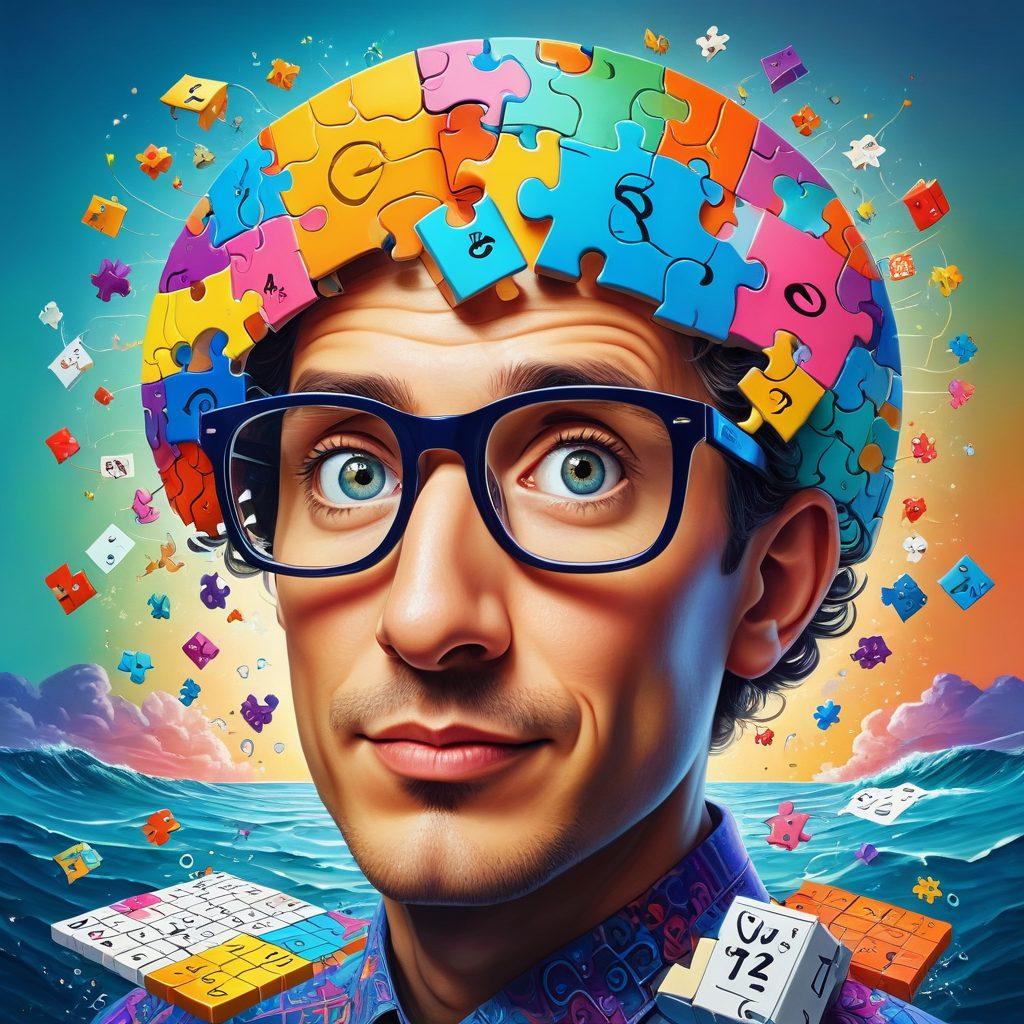 A vibrant and colorful collage of interactive Sudoku grids, brain teasers, and puzzles floating in an abstract brain landscape. Include a playful character, maybe a cartoon brain with glasses, cheerfully solving the puzzles. Incorporate elements like light bulbs and gears to symbolize creativity and logic. The background should evoke the feeling of diving into a vast ocean of knowledge and challenges. bright colors, modern illustration style, dynamic composition.