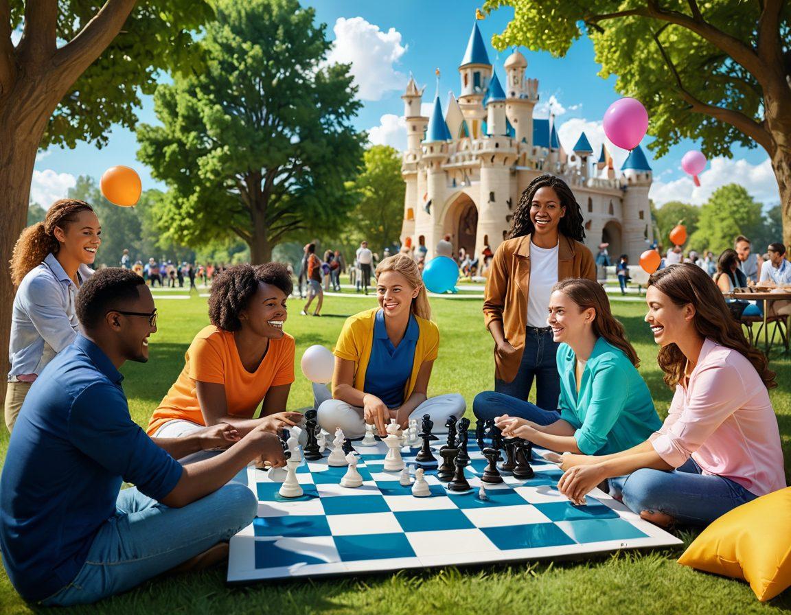A vibrant and colorful illustration showcasing a diverse group of people engaged in various mind games like chess, puzzles, and brain teasers in an outdoor park setting. Include playful elements like thought bubbles with fun ideas and expressions of excitement on their faces. Add whimsical elements such as oversized game pieces and colorful geometric shapes floating around, creating a dynamic atmosphere of fun and intellectual challenge. 3D style. vibrant colors.